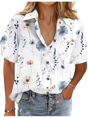 Womens Cotton Linen Button Up Shirt V Neck Short Sleeve Casual Blouse Top